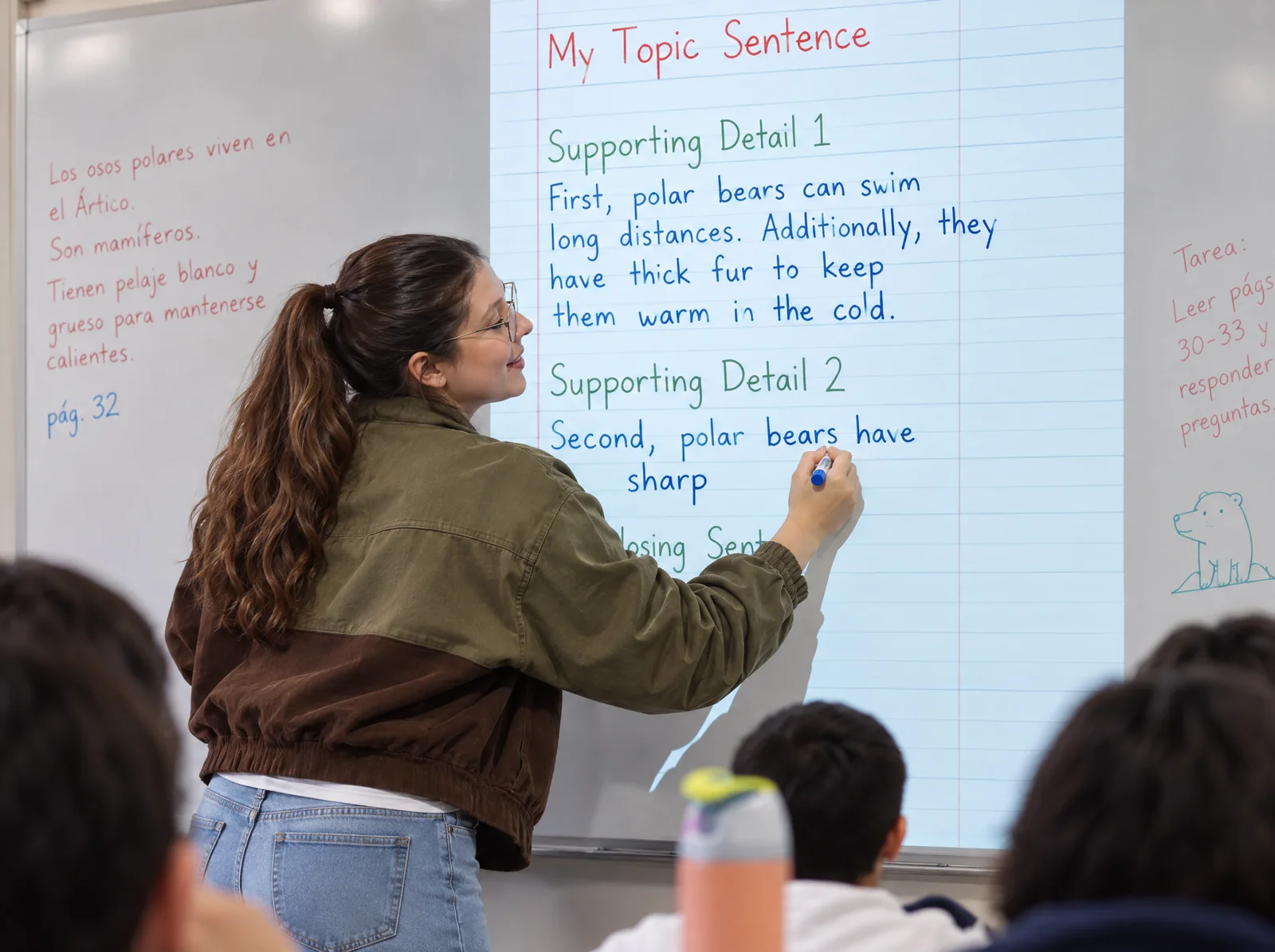 Isidora Benito writes a paragraph about polar bears in English on the whiteboard, next to notes in Spanish