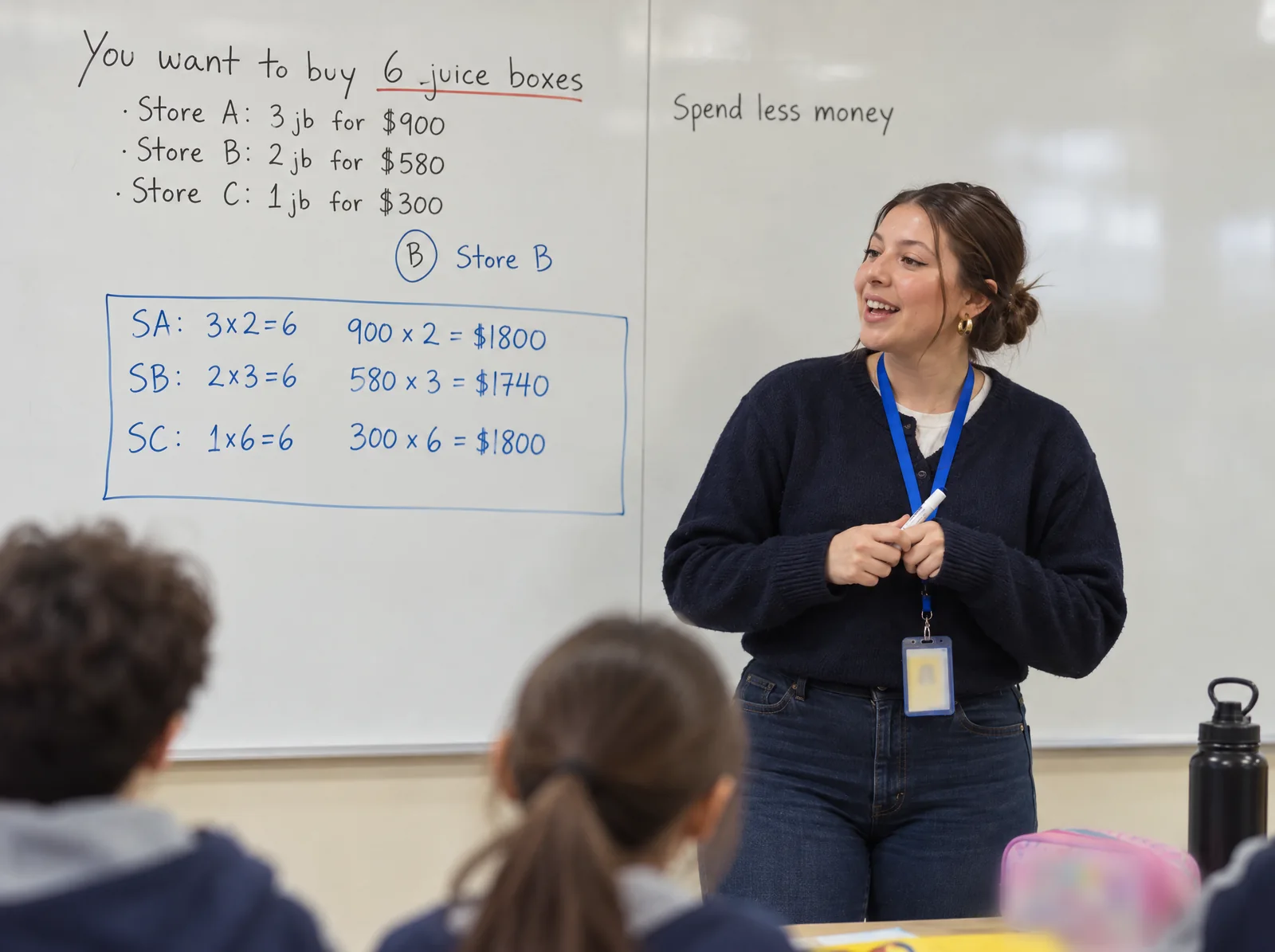 Isidora Benito (Miss Isi) explica un problema de matemáticas escrito en inglés frente a su curso